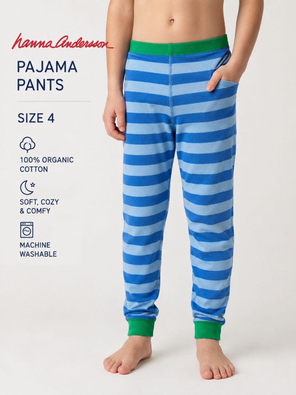 Hanna Andersson pajama pants feature a blue striped green cuffs Sz 4 loungewear - Picture 1 of 8